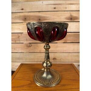 Vintage Ruby Red Glass Pedestal Compote Bowl Ornate Gold Tone Metal 8.25 Inch